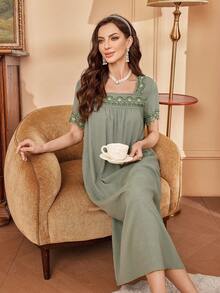 SHEIN 方领撞色蕾丝边睡衣 - 軍綠色 - 查看 5