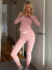 DAZY 2 piezas Conjunto de pijama ajustado con parches de encaje floral, top de manga larga y pantalones, otoño - Rosa - Ver 6