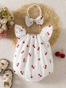 SHEIN Vintaside Kids 新生女宝宝简约樱桃图案圆领荷叶袖连体衣，配同款蝴蝶结发带，适合日常穿着，春夏款 - 白色 - 查看 3