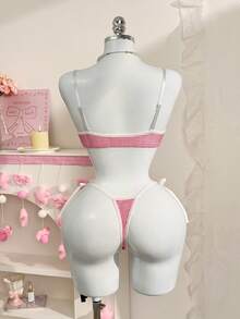 PetitDoll 2pcs Women Plaid Print Bow Decor Comfortable Lingerie Set - Pink - View 2