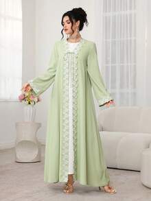 Al Najma 2-Tone Floral Trim Front Tie Light Green Robe With Headscarf - Green - View 4