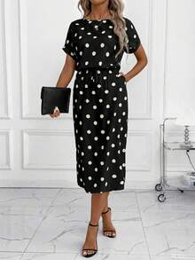 Editum Robe à manches chauve-souris à pois pour femmes, nouvelle collection automne, noir et blanc, polyvalente pour les trajets quotidiens et diverses occasions - Noir et Blanc - Voir 4