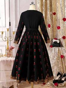 Teen Girl Floral Print Round Neck Long Sleeve Gold Trim Bohemian Style Dress - Black - View 2