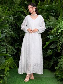 Al Najma Áo kiểu trắng tay phồng cổ chữ V thanh lịch - trắng - Xem 3