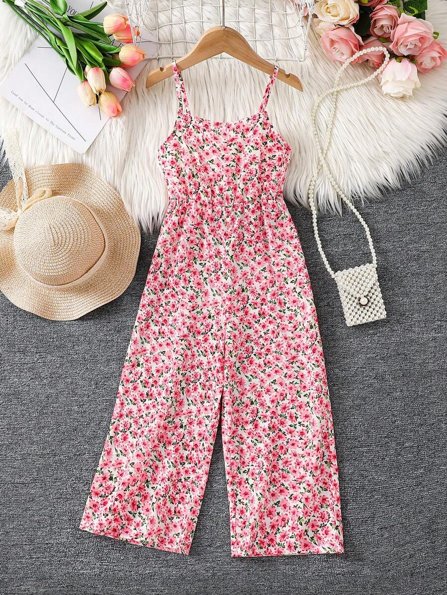 SHEIN Bộ áo liền quần họa tiết hoa nhí giản dị cho bé gái, thích hợp cho mùa hè. - Hồng - Xem 1