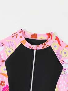 SHEIN Tween Girls Pink Cute Floral Print Long Sleeve Rash Guard Swimwear,Zipper Front Tankini Set With Shorts,Fashionable Summer Holiday Beach Swim Suit - Multicolor - View 3
