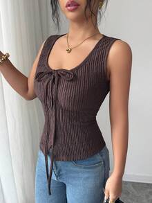 SHEIN Elenzya 女士优雅通勤休闲度假时尚针织纹理蝴蝶结无袖上衣，圆领纽扣闭合，棕色 - 鏽棕色 - 查看 4