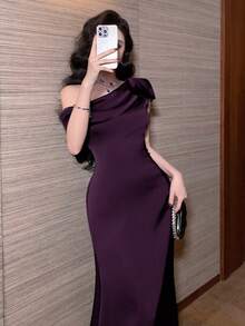 DAZY 女士优雅蝴蝶结收腰纯色长款连衣裙夏季长裙吊带裙 - 紫色 - 查看 2