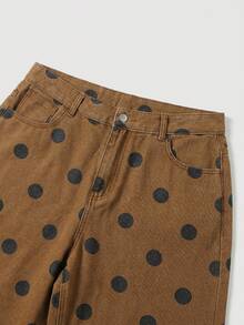 SHEIN MOD Plus Size Polka Dot Straight Leg Casual Jeans With Belt Loops - Brown - View 3