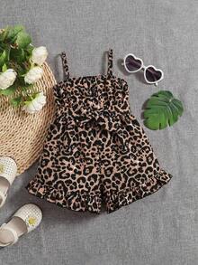 SHEIN 女婴豹纹荷叶边吊带连体衣 - 綠色 - 查看 5