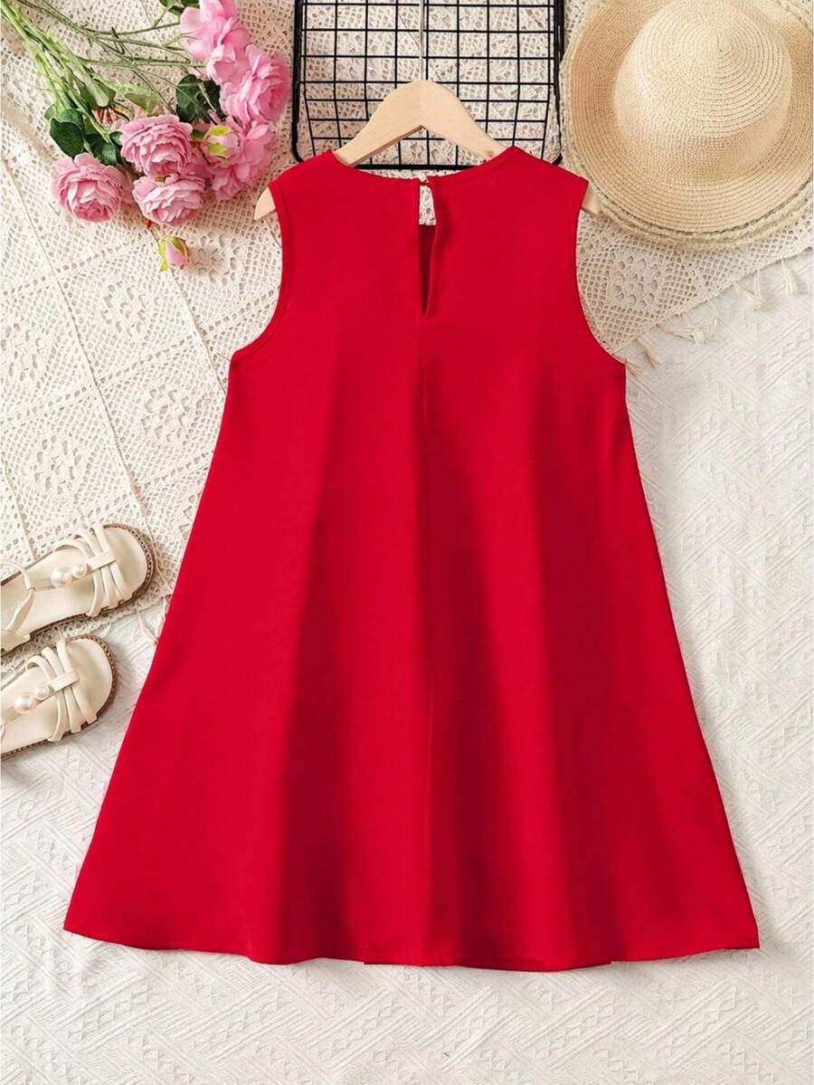 SHEIN 少女波西米亚风夏季海滩度假无袖A字褶皱连衣裙，红色 - 紅色 - 查看 1