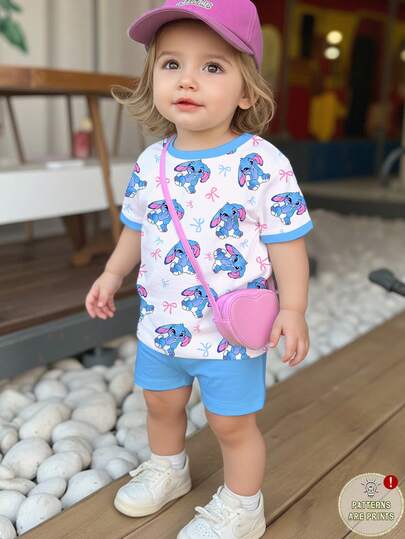 SHEIN 女婴休闲可爱卡通蓝色史迪奇兔子蝴蝶结图案圆领短袖T恤和打底裤套装，轻松舒适，春夏休闲风，女婴服装，女童套装，夏季，轻松假期