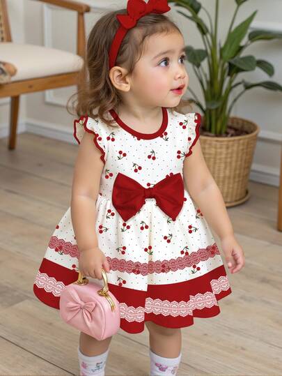SHEIN Cute Baby Girl Cherry Print, Sweet Bow Cartoon Print Fashion Long Sleeve Dress, Suitable For Autumn/Winter, Polka Dot, Cozy Summer Styles, Spring/Summer, Red Dress, Y2K, Vacation Style