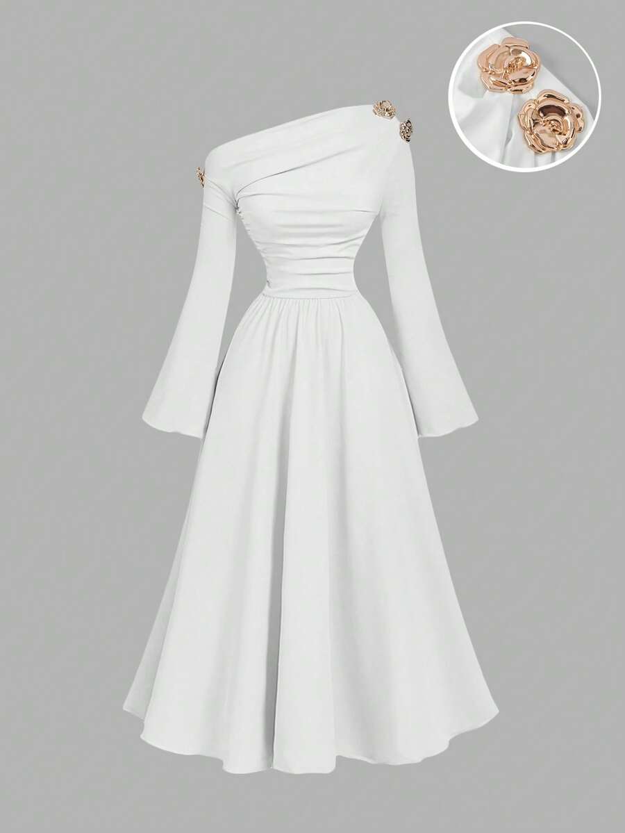 SHEIN MOD Đầm midi màu mơ lệch vai cho nữ, đầm một vai thanh lịch, mùa thu/đông, trang phục mùa thu cho nữ, đầm dự tiệc Lễ Tạ ơn, đầm dự tiệc năm mới, đầm dự tiệc, đầm thanh lịch cho quý cô, đầm mùa thu sang trọng, đầm Giáng sinh - trắng - Xem 1