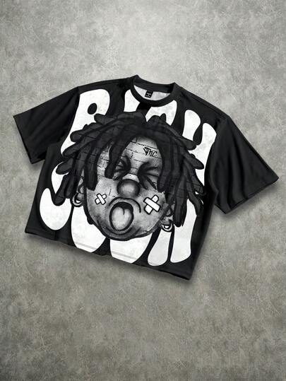 Manfinity ZONE917 Men's Oversized Distressed Funny Braids Bandage Tattoo Portrait Graphic Allover Print Short Loose T-Shirt