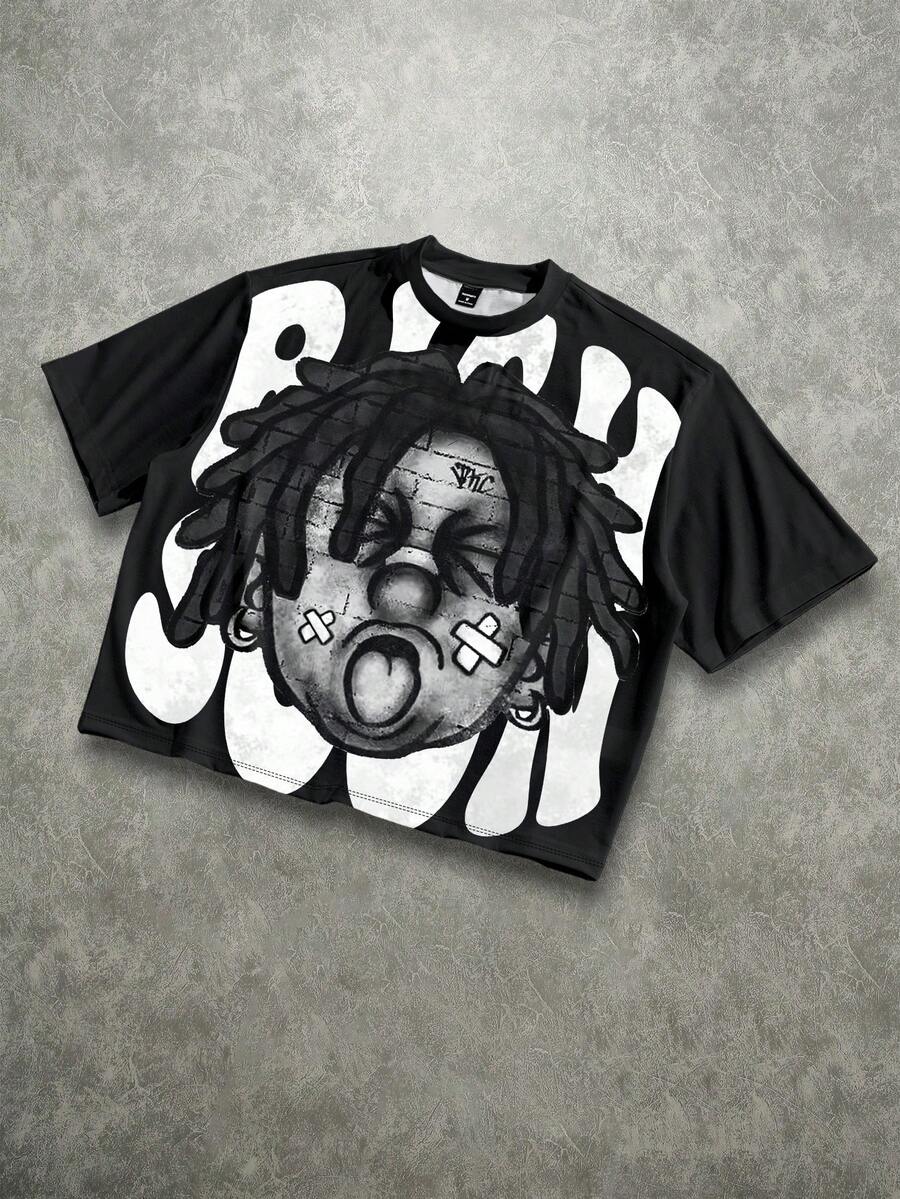 Manfinity Roghcode Camiseta corta suelta con estampado gráfico de retrato de tatuaje de vendaje de trenzas divertido desgastado oversize para hombres - Negro - Ver 1