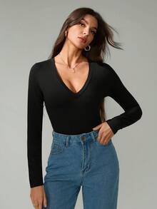 SHEIN Tall 3件套休闲纯色针织修身长袖心形领连体衣（女款） - 彩色 - 查看 7