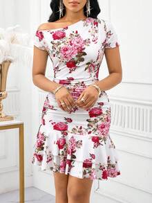 SHEIN Lady Women's Floral Print Ruched Ruffled Hem Fitted Asymmetric Sleeve Mini Dress - Multicolor - View 1