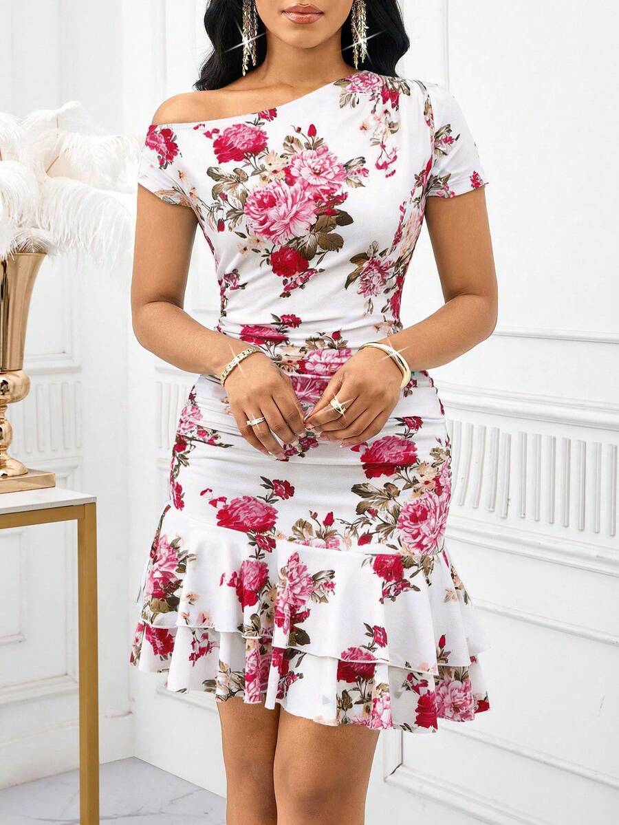 SHEIN Lady Women's Floral Print Ruched Ruffled Hem Fitted Asymmetric Sleeve Mini Dress - Multicolor - View 1