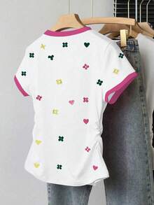 Resyla Women's Fashion Casual Floral Digital Print Side Ruched Round Neck Fitted Short Sleeve T-Shirt - White - View 2