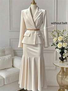 GlowEve Women's Elegant Solid Color Versatile Velvet Blazer And Mermaid Hem Skirt 2 Pieces Set, Autumn - Apricot - View 1