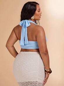 SHEIN BAE Blusa de tirantes con cuello drapeado, decoración metálica y fruncido, elegante y sexy para mujer de talla grande - Celeste - Ver 2