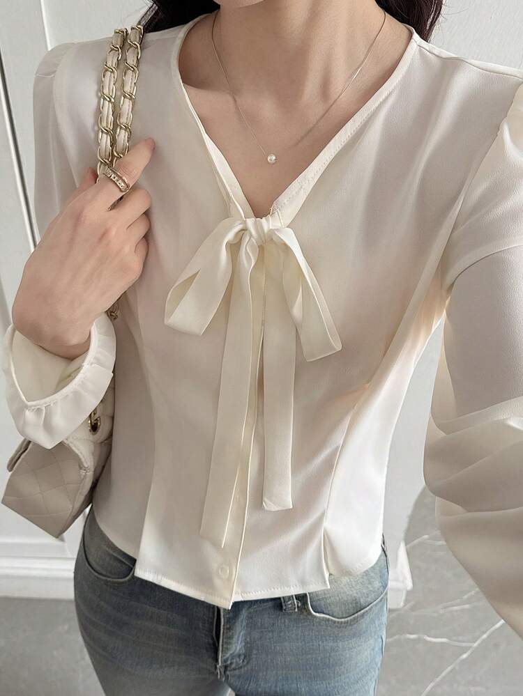 Puff Sleeve Tie Waist Cropped Women's Blouse