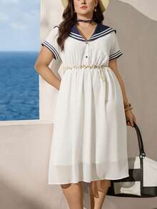 Zelara 大码女装夏季海军蓝翻领休闲度假连衣裙，短袖蓝白航海风女装 - 彩色 - 查看 7