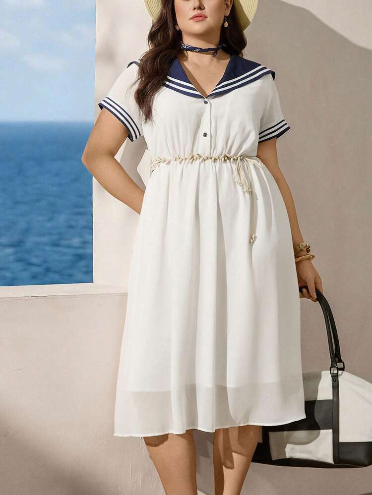 Zelara Vestido de verano casual de vacaciones con cuello azul marino para mujer de talla grande, vestido de mujer náutico de manga corta azul y blanco - Multicolor - Añade 6