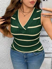 SHEIN LUNE Plus Size Women V-Neck Striped Knit Vest,Summer Outfits For Boho Old Money Spring Break Rave Festival - Dark Green - View 1