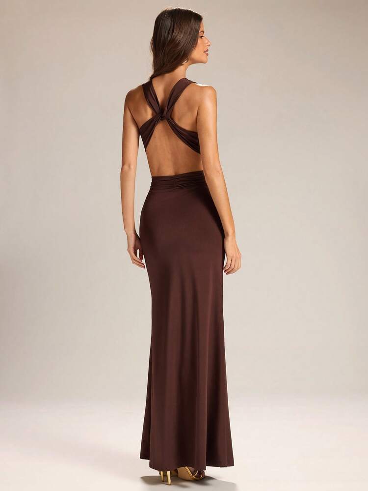 SHEIN BAE 1 pieza Vestido de mujer con cuello en V profundo y nudo retorcido, marrón - Marrón - Añade 2