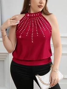 SHEIN Clasi Plus Size Rhinestone Decor Red Sleeveless Tank Top - Burgundy - View 6