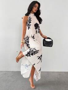 Firerie 女士优雅简约精致浪漫度假约会节日派对露背系带印花褶皱面料不对称下摆宽松A字长裙 - 杏色 - 查看 4