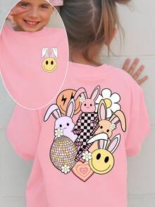 Girls' Casual Cute Pink Cartoon Rabbit,Flower,Heart,Plaid,Lightning Graphic Print Basic Short Sleeve T-Shirt,Summer School Comfortable Daily Wear - Baby Pink - View 7