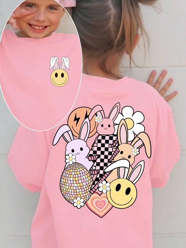 Girls' Casual Cute Cartoon Rabbit, Flower, Heart, Plaid, Lightning Graphic Print Basic Short Sleeve T-Shirt, Comfortable Daily Wear, Suitable For Spring, Summer And Autumn