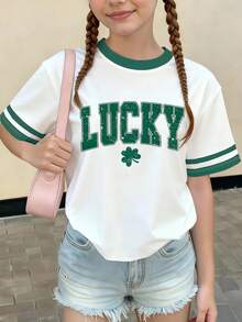 Camiseta Casual de Manga Corta con Cuello Redondo y Estampado de Lazo y Eslóganes para Niñas en Edad de Pre-adolescencia, para Vacaciones de Verano - Gris - Ver 3