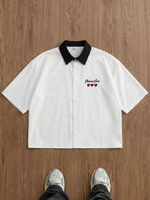 SWAVVY Men's Fashion Letter Embroidered Short Sleeve Shirt, Spring/Summer Heart Shirt Couple Tshirt - Multicolor - View 3