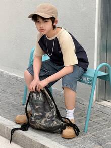 DAZY 青少年男孩字母印花撞色插肩短袖休闲T恤 - 藏蓝色 - 查看 2