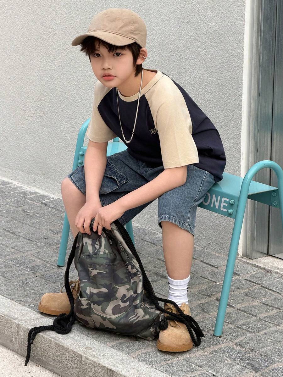 DAZY Tween Boy Letter Print Contrast Raglan Short Sleeve Casual T-Shirt - Navy Blue - View 1