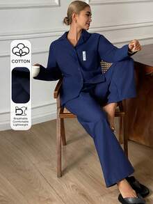 DAZY 纯色纽扣衬衫和裤子睡衣套装 - 藏蓝色 - 查看 1