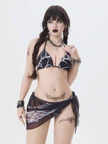 ROMWE Goth Allover Print Halter Triangle Bikini Swimsuit With Beach Skirt - Multicolor - View 3