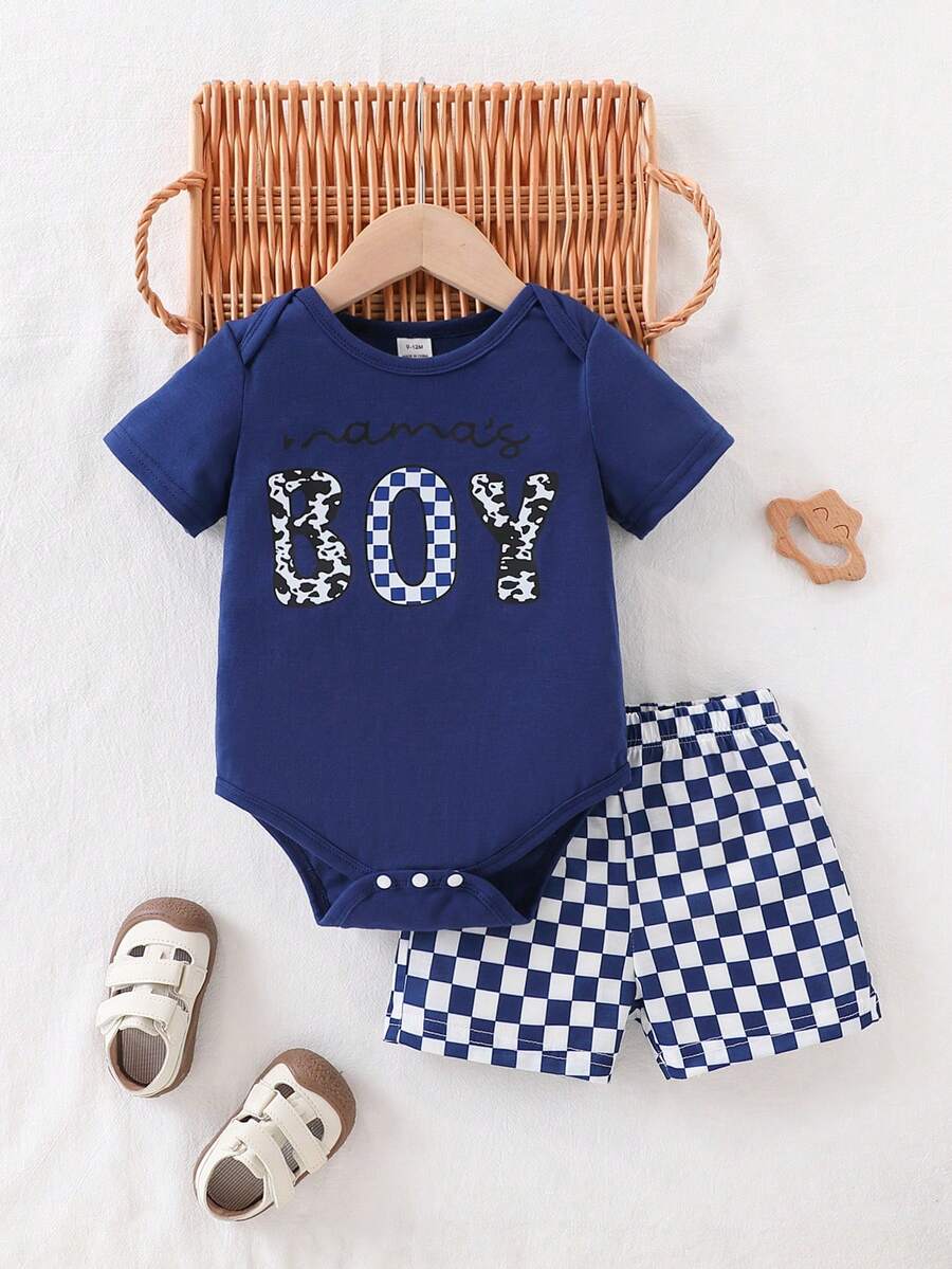 SHEIN Playful Pals Toddler Boys' Fresh & Cute Plaid Print Romper Set, Spring/Summer - Blue - View 1