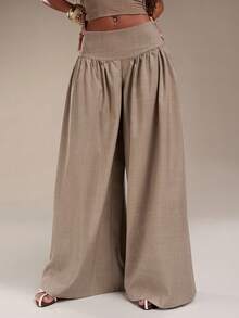 Normani 复古低腰阔腿裤，垂坠感休闲女裤 - 卡其色 - 查看 4