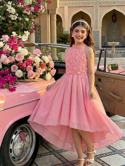 Tween Girls' Solid Color 3D Floral Decor Sleeveless Dress