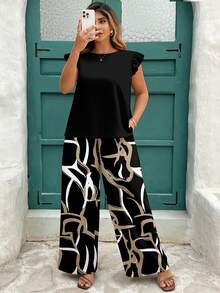 SHEIN CURVE+ Plus Size Summer Simple Solid Ruffle Trim Top And Abstract Geometric Print Casual Pants 2 Pieces Set, Loose Fit - White - View 6