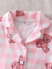 2件套女童休闲可爱小熊印花短袖开衫+长裤睡衣套装，返校季儿童睡衣套装，泰迪熊睡衣套装 - 粉色 - 查看 4