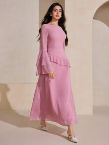 Graceveil 女士多层荷叶边下摆长袖腰部喇叭形阿拉伯风格连衣裙 - 粉色 - 查看 3