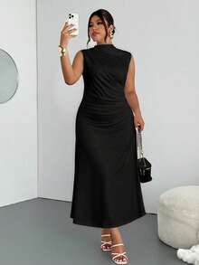 Firerie Plus Size Ruched Hem Sleeveless Elastic Ruched Dress, Elegant Romantic For Dates, Tea Parties, Graduations, Commuting, Spring/Summer - Black - View 3