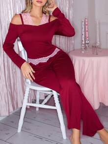 Cute Lace Hollow Off Shoulder Women Pajama Set - Burgundy - View 4