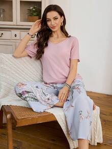 Serenescape Conjunto de pijama con estampado floral en contraste, lazo en la cintura y cuello en V de manga corta - Multicolor - Ver 5